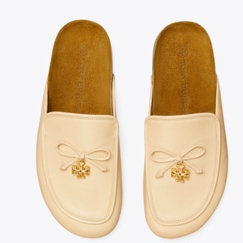 Tory Burch Cream Leather Bow Mule with Gold Logo Charm